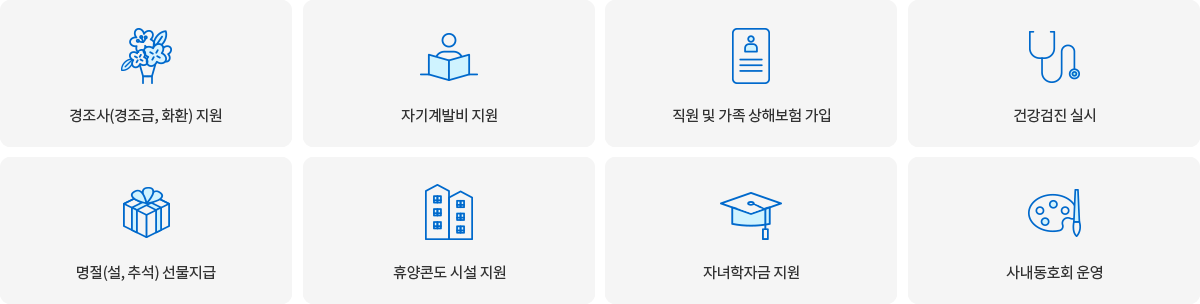 경조금, 화환 등 경조사 지원, 자기계발비 지원, 직원 및 가족 상해보험 가입, 건강검진 실시, 설, 추석 등 명절 선물지급, 휴양콘도 시설 지원, 자녀학자금 지원, 사내동호회 운영