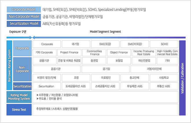 Exposure구분으로는 Borrower Rating System에 속하는 Corporate model, Non-Coporate Model, Securitization Model, Rating model Moniting System, Stress Test가 있으며 Model Segment에는 Corporate, 대기업, 외감, 비외감, 소호, 기타 Corporate, Project Finance, Commodidies,Finance, Object Finance, Income Produang Real Eatate, High-Volatility Commercial Real Estate, 금융기관, 은행 및 비예금 취급업, 증권업, 보헙업, 여신전문업, 공공기관, 공기업, 지방자체단체, 비영리법인과 단체, 조합, 의료법인, 종교단체, 사립학교, Securitization, 도매금융자산 ABS, 소매금융자산 ABS, 부실채권 ABS, 부동산 ABS, 차주현황, 여신현황, 모형모니터링, 부도율, 전이율 분석, 추정재무제표 활용 등이 있습니다.