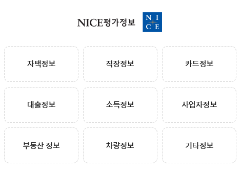 NICE만이 수집 가능한 신용정보/ 자택정보, 직장정보, 카드정보, 대출정보, 소득정보, 사업자정보, 부동산정보, 차량정보, 기타정보