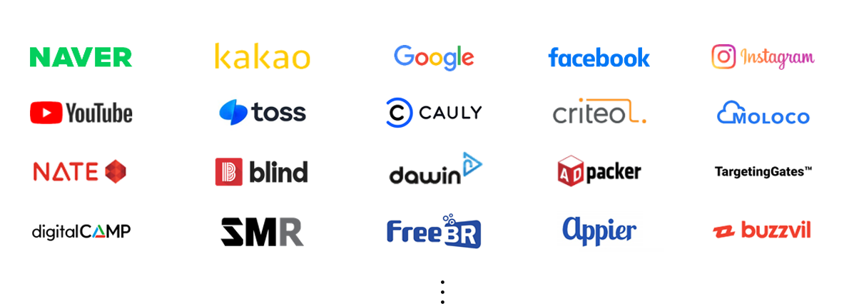 NAVER, kakao, Google, facebook, Instagram, YouTube, toss, CAULY, criteo ,MOLOCO, NATE, blind, dawin, packer, TargetingGatesTM, digitalCAMP, SMR, FreeBR, appier, buzzvil 로고 모음