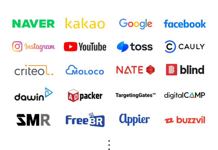 NAVER, kakao, Google, facebook, Instagram, YouTube, toss, CAULY, criteo ,MOLOCO, NATE, blind, dawin, packer, TargetingGatesTM, digitalCAMP, SMR, FreeBR, appier, buzzvil 로고 모음