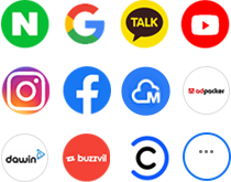 노출 플랫폼 로고(NAVER, Google, kakao, YouTube, Instagram, facebook, MOLOCO, packer, dawin, buzzvil, CAULY 등)
