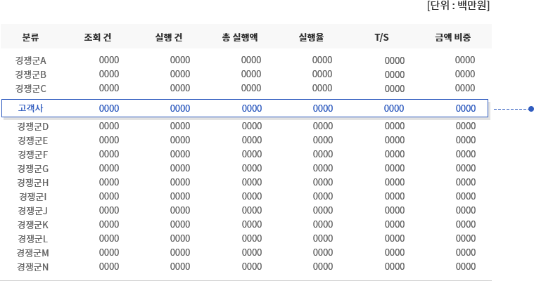 분류, 조회건, 실행건, 총 실행액, 실행률, T/S, 금액비중 순으로 구성된 [고객사]와 경쟁군A~경쟁군N 사이의 상품 진단 예시 목록입니다.
