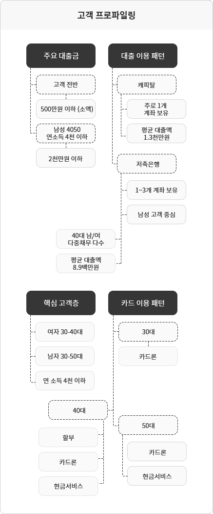 고객 프로파일링/ 1. 주요 대출금: 고객 전반-500만원 이하(소액), 남성 4050 연소득 4천 이하-2천만원 이하/ 2. 대출 이용 패턴: 캐피탈-주로 1개 계좌보유-평균 대출액 1.3천만원, 저축은행-1~3개 계좌 보유-남성 고객 중심-40대 남여 다중채무 다수-평균 대출액 8.9백만원/ 3. 핵심고객층: 여자 30~40대-남자 30~50대-연 소득 4천 이하/ 4. 카드이용패턴: 30대-카드론, 40대-할부-카드론-현금서비스, 50대-카드론-현금서비스