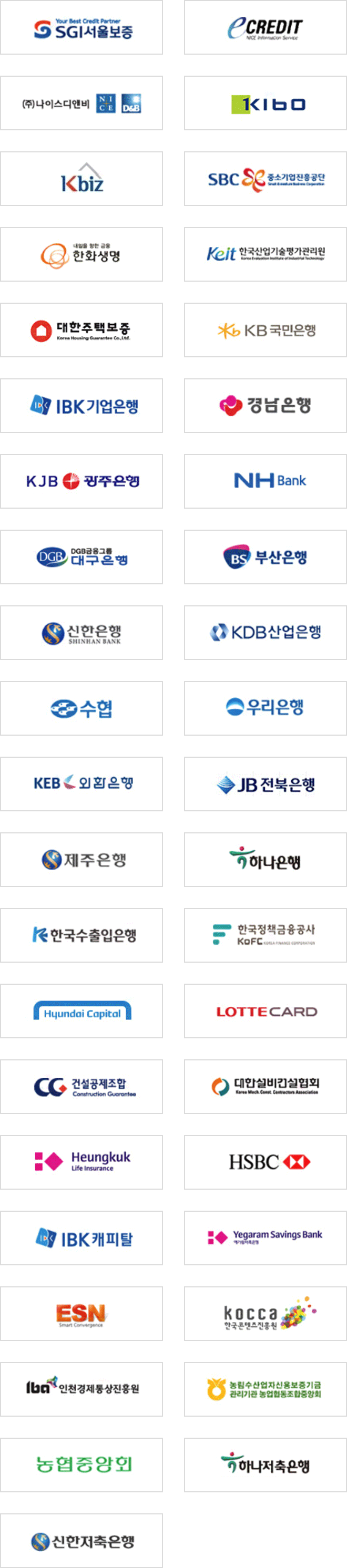 SGI서울보증, ECredit, 주식회사 나이스디앤비, KIBO, KBiz, 중소기업진흥공단, 한화생명, 한국산업기술평가관리원, 대한주택보증, KB국민은행, IBK기업은행, 경남은행, 광주은행, NH은행, 대구은행, 부산은행, 신한은행, KDB산업은행, 수협, 우리은행, 외환은행, 전북은행, 제주은행, 하나은행, 한국수출입은행, 한국정책금융공사, 현대캐피탈, 롯데카드, 건설공제조합, 대한설비건설협회, 흥국생명보험, HSBC, IBK캐피탈, 예가람저축은행, ESN, 한국콘텐츠진흥원, 인천경제통상진흥원, 농협중앙회, 하나저축은행, 신한저축은행