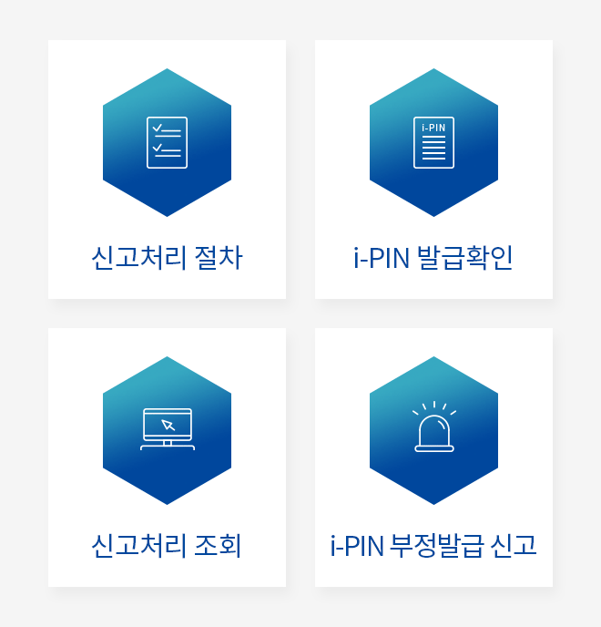 주요기능으로 신고처리절차, I-Pin 발급 확인, 신고처리 조회, i-PIN 부정발급 신고가 있습니다.