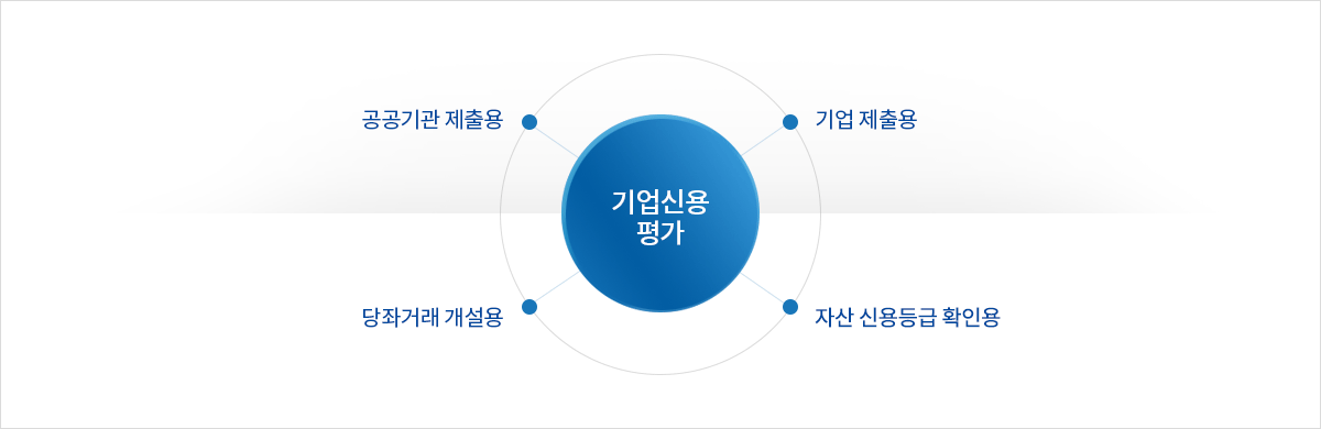 기업신용평가는 공공기관 제출용, 기업 제출용, 당좌거래 개설용, 자산 신용등급 확인용 서비스를 제공합니다.