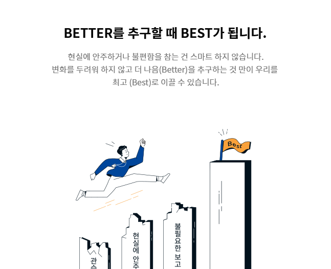 [BETTER를 추구할 때 BEST가 됩니다.] 현실에 안주하거나 불편함을 참는 건 스마트 하지 않습니다. 변화를 두려워 하지 않고 더 나음(Better)을 추구하는 것 만이 우리를  최고 (Best)로 이끌 수 있습니다.