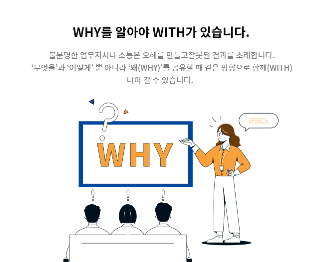 [WHY를 알아야 WITH가 있습니다.] 불분명한 업무지시나 소통은 오해를 만들고잘못된 결과를 초래합니다. ‘무엇을’과 ‘어떻게’ 뿐 아니라 ‘왜(WHY)’를 공유할 때 같은 방향으로 함께(WITH) 나아 갈 수 있습니다.